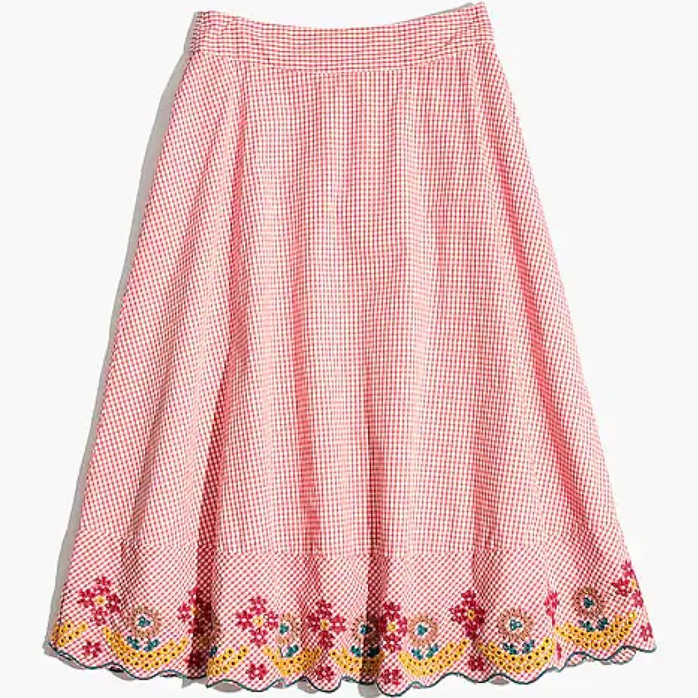 Red gingham Madewell midi skirt (size 6)